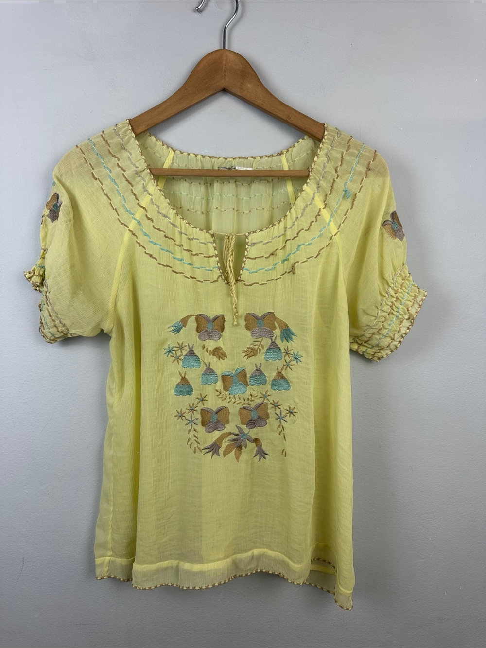 Embroidered Sheer Yellow Boho Peasant Top Sz M